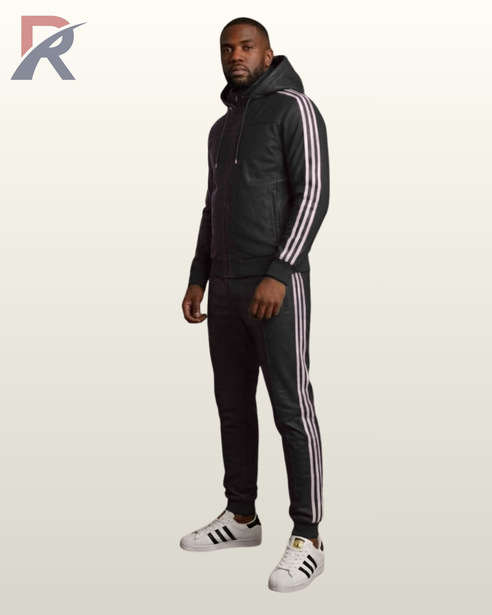 A premium black leather matching street style set with iconic white athletic trim.