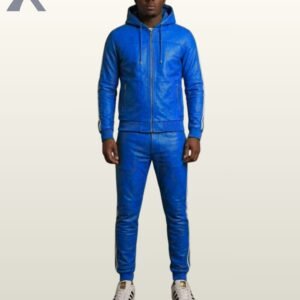 designer bright blue leather sweat suit featuring white three-stripe athletic details.