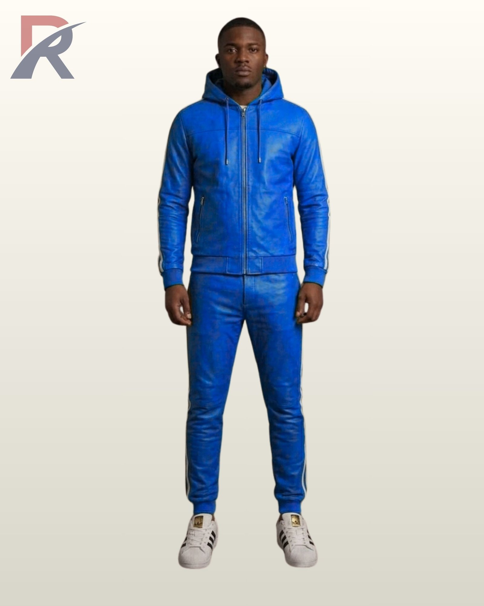 designer bright blue leather sweat suit featuring white three-stripe athletic details.