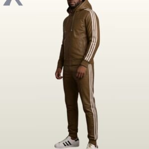 A luxury brown leather activewear set with a zip-up hoodie and white trim.