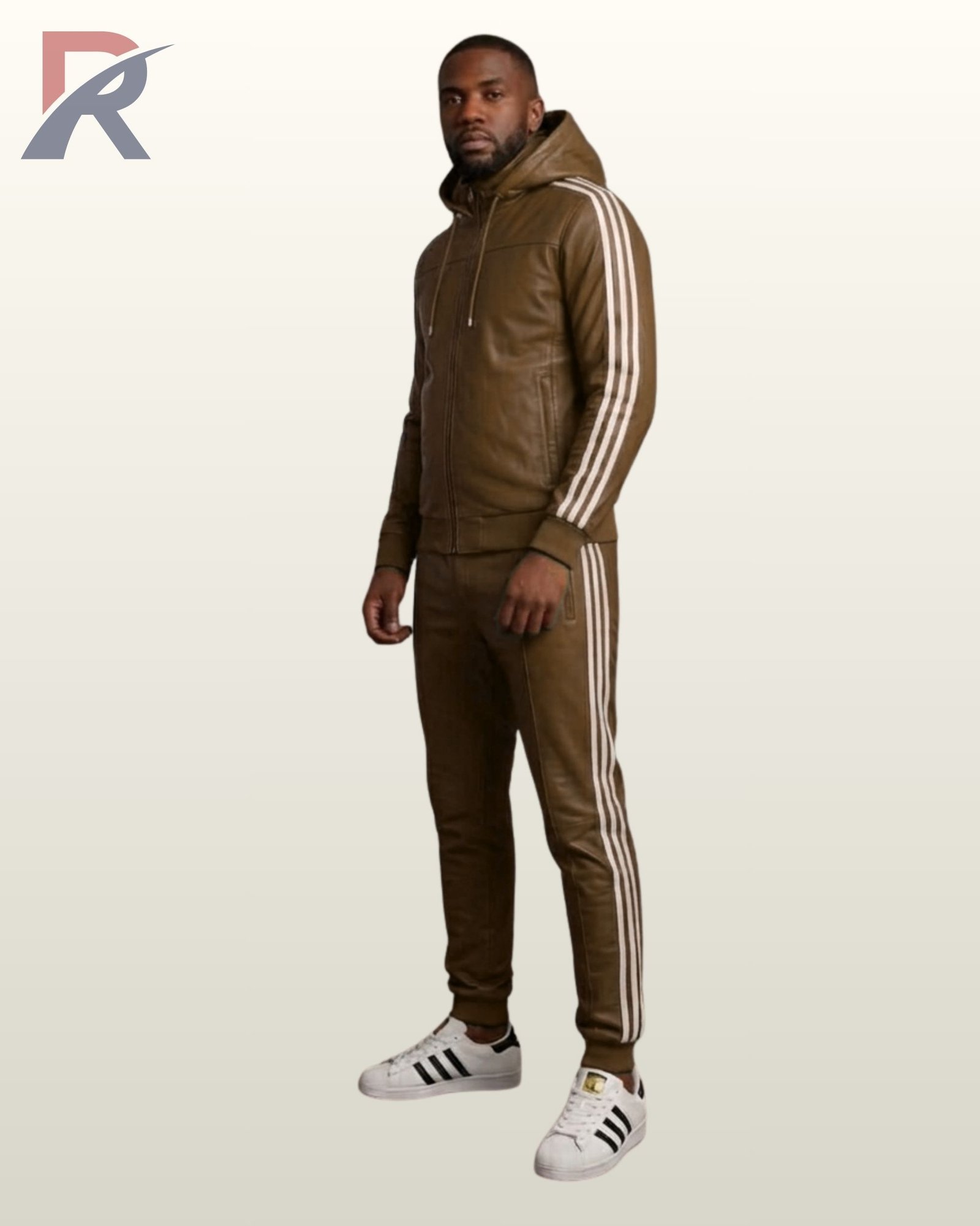 A luxury brown leather activewear set with a zip-up hoodie and white trim.