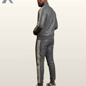 A designer ash gray leather activewear suit paired with white casual shoes.