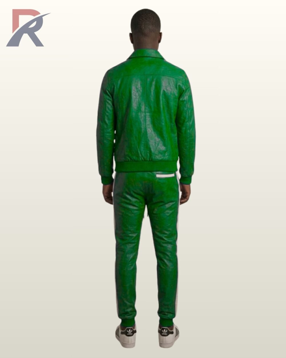 A premium green leather matching streetwear set with contrasting white trim.