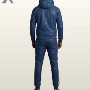 A dark blue leather zip-up hoodie set with matching fitted trousers.