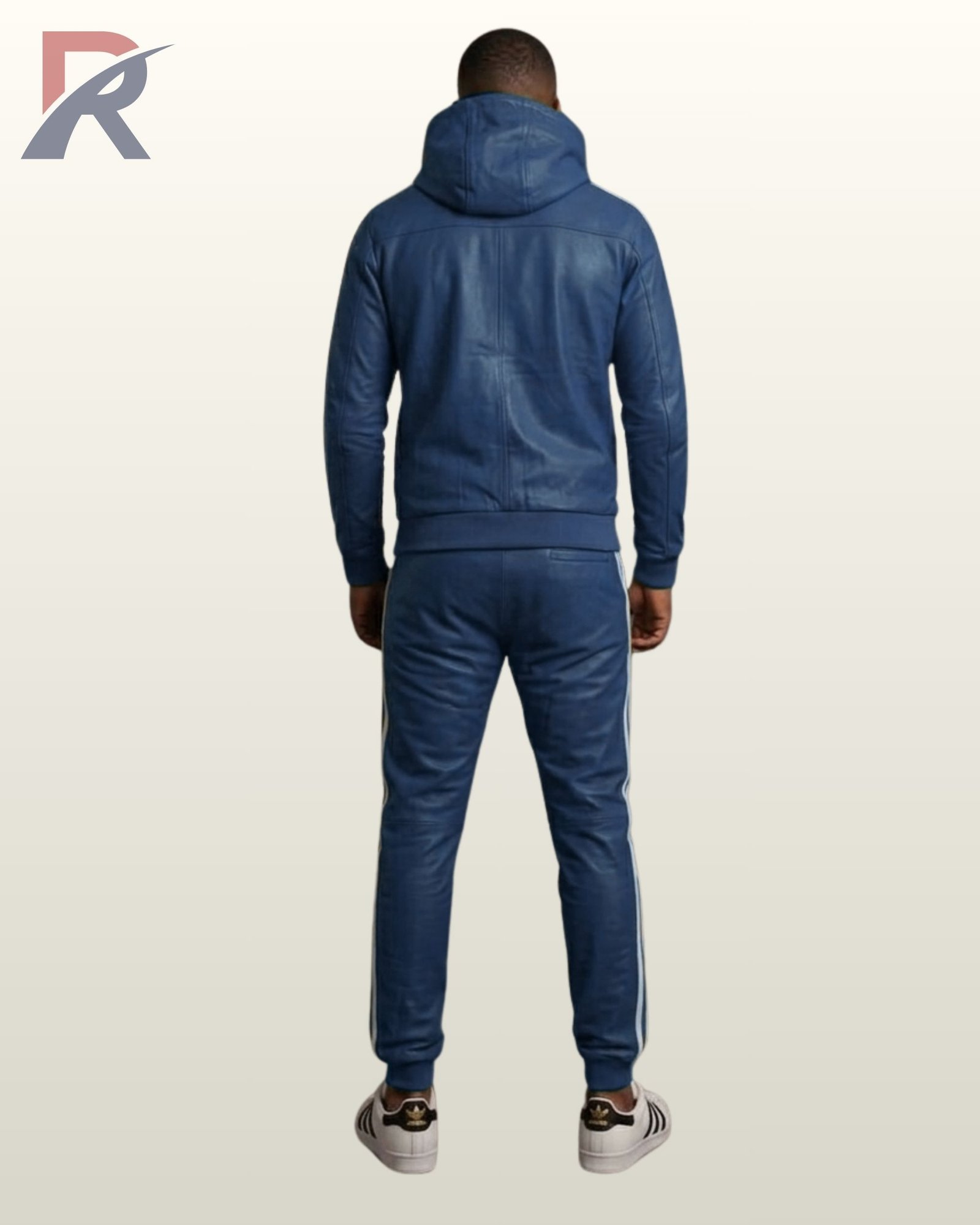A dark blue leather zip-up hoodie set with matching fitted trousers.