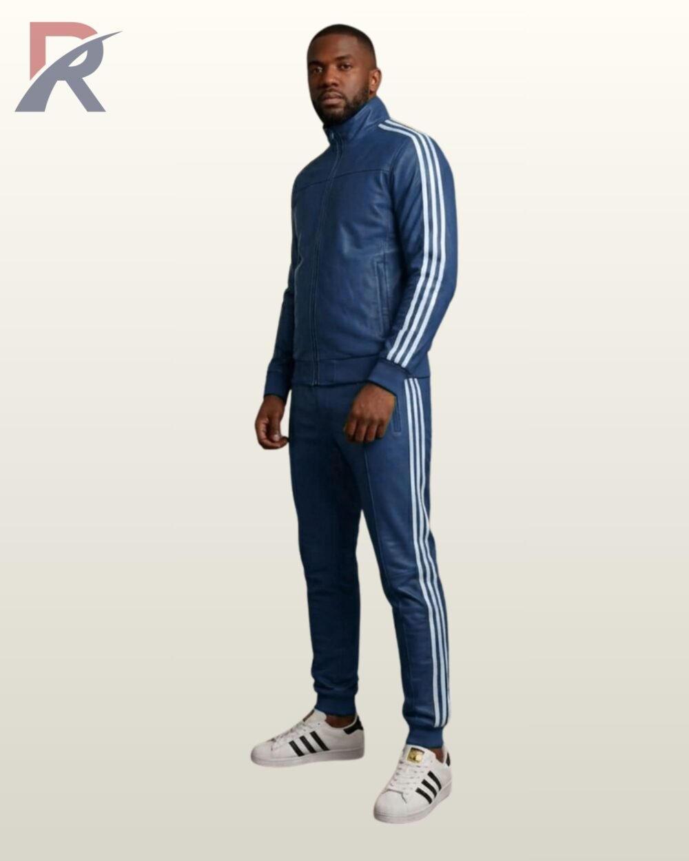 A steel blue genuine leather high-neck jacket and matching jogger pants set.