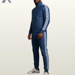 A steel blue genuine leather high-neck jacket and matching jogger pants set.
