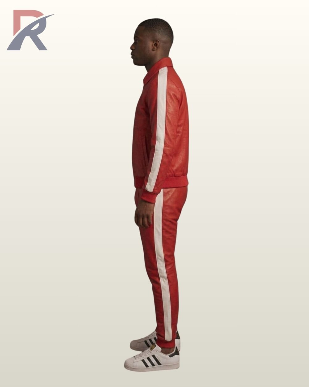 A premium red leather matching streetwear set featuring white trim accents.