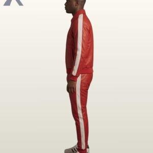 A premium red leather matching streetwear set featuring white trim accents.