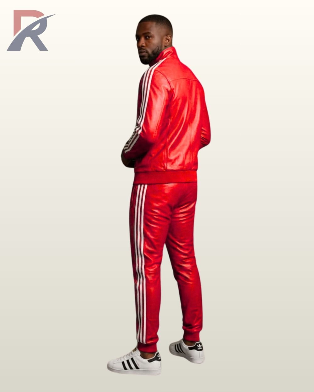 A premium bright red leather high-neck track jacket and matching fitted pants.