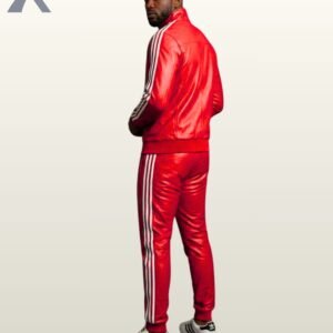A premium bright red leather high-neck track jacket and matching fitted pants.