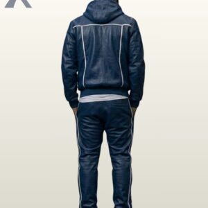 Streetwear styled blue leather hoodie and trousers set paired with white sneakers.