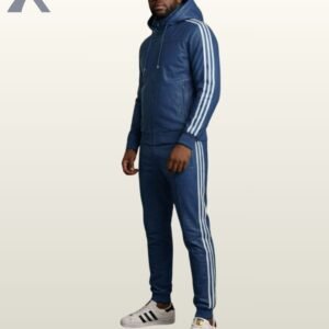 An urban steel blue leather matching streetwear outfit styled with classic sneakers.