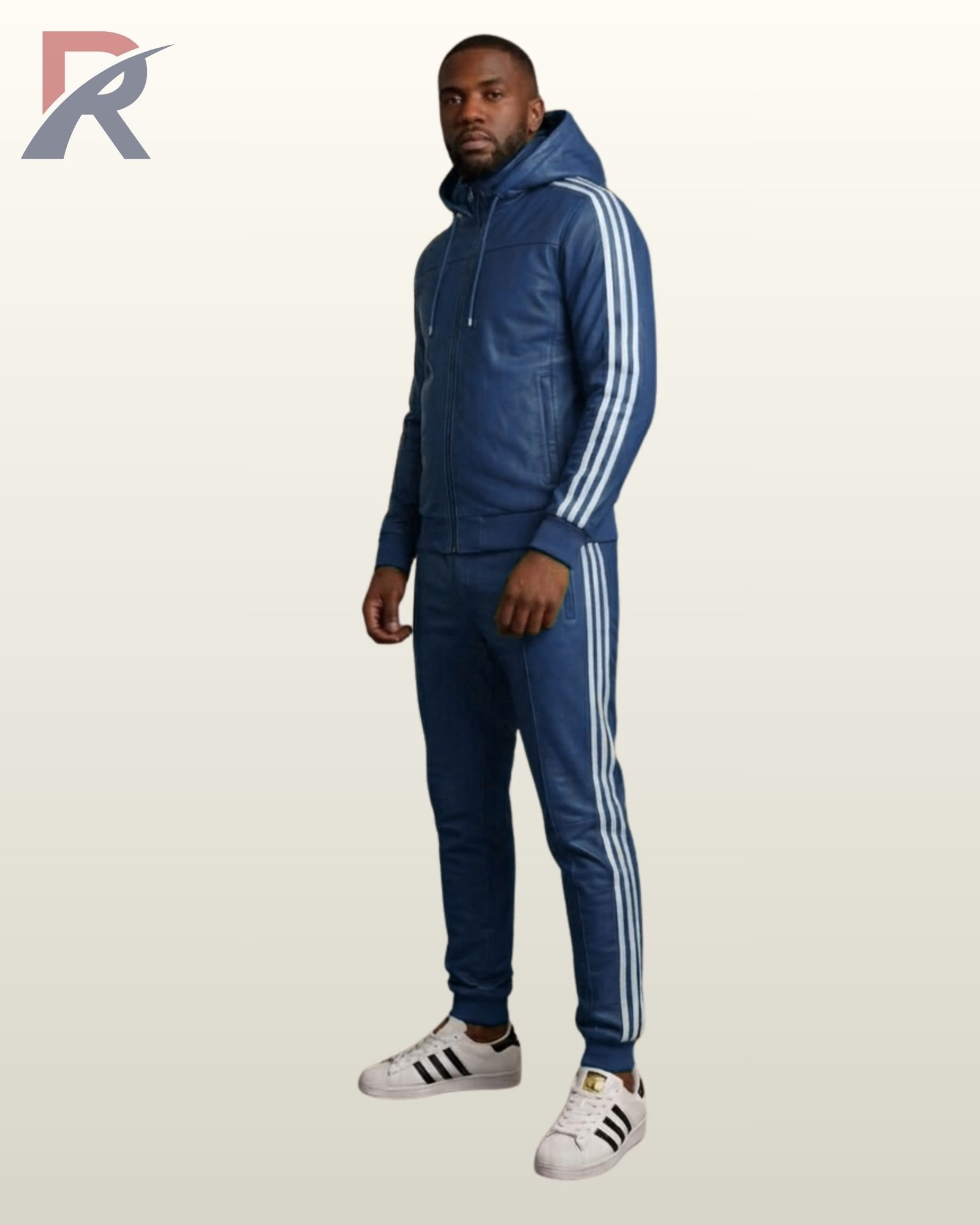 An urban steel blue leather matching streetwear outfit styled with classic sneakers.