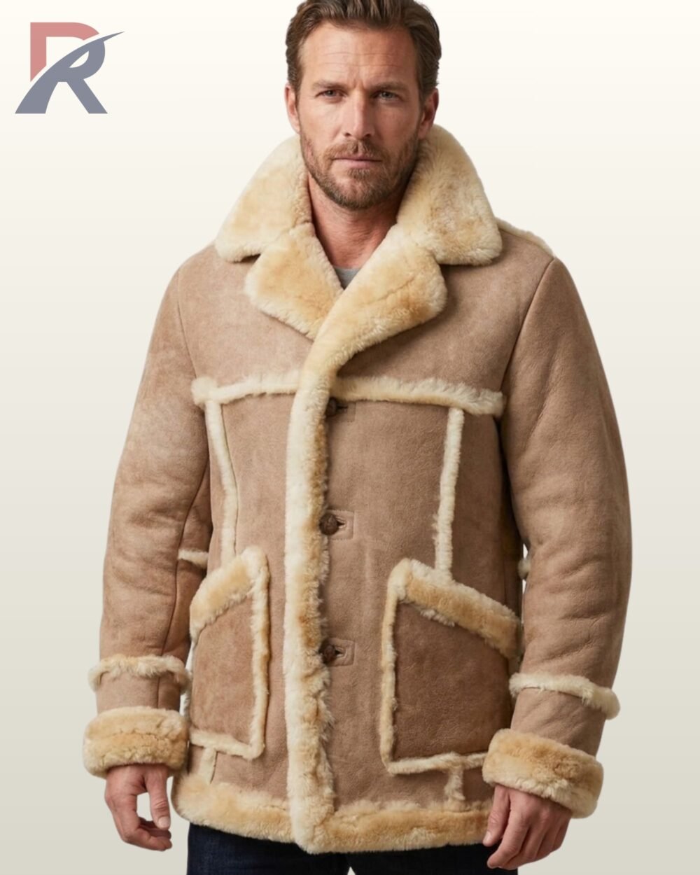mens-beige-suede-patchwork-shearling-coat.jpg A man modeling a beige suede patchwork winter coat with thick cream shearling fur trim and lining.