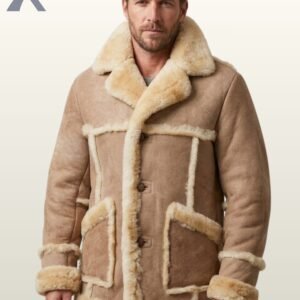 A man modeling a beige suede patchwork winter coat with thick cream shearling fur trim and lining.