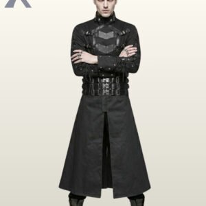 Male model with arms crossed wearing a floor-length black industrial gothic coat with standing collar, metal eyelet sleeve lacing, and combat boots.