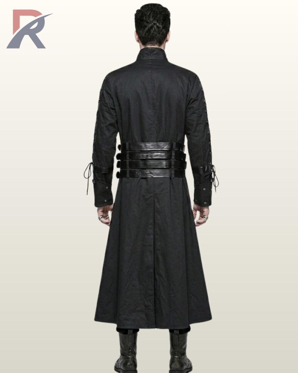 Full rear view of a male model wearing a floor-length black gothic coat displaying back leather waist bands, center slit seam, and sleeve eyelet lacing.