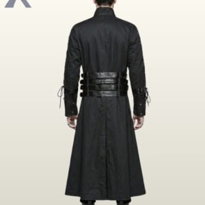 Full rear view of a male model wearing a floor-length black gothic coat displaying back leather waist bands, center slit seam, and sleeve eyelet lacing.