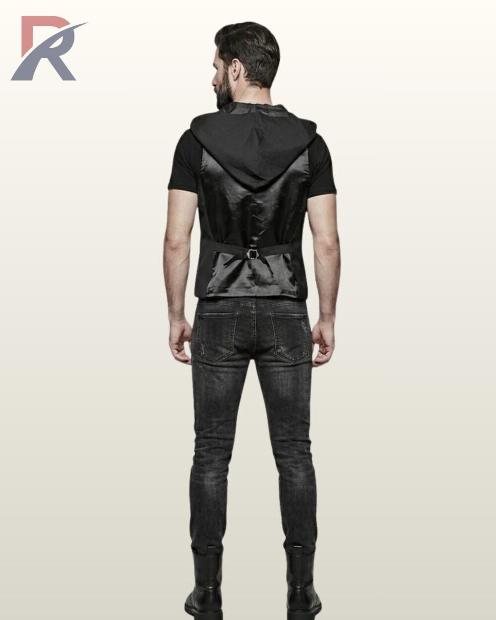 Full rear model view of a bearded man wearing a black gothic hooded waistcoat vest with satin back paneling and adjustable rear waist cinch buckle.