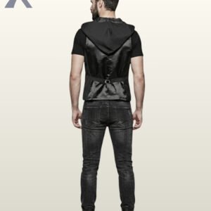 Full rear model view of a bearded man wearing a black gothic hooded waistcoat vest with satin back paneling and adjustable rear waist cinch buckle.