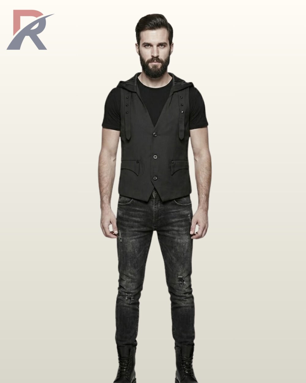 Full front model view of a men's black gothic hooded waistcoat vest featuring studded shoulder straps, flap pockets, V-neck cut, and button closure.