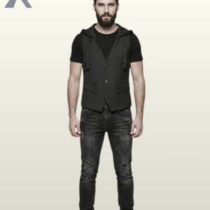 Full front model view of a men's black gothic hooded waistcoat vest featuring studded shoulder straps, flap pockets, V-neck cut, and button closure.