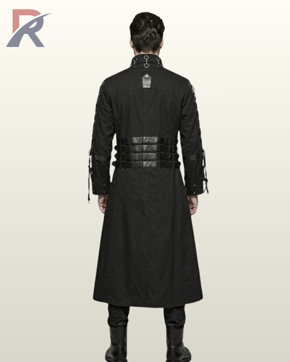 Back perspective of a men's cyberpunk industrial long coat featuring standing collar metal hardware, structured back seams, and black leather combat boots.