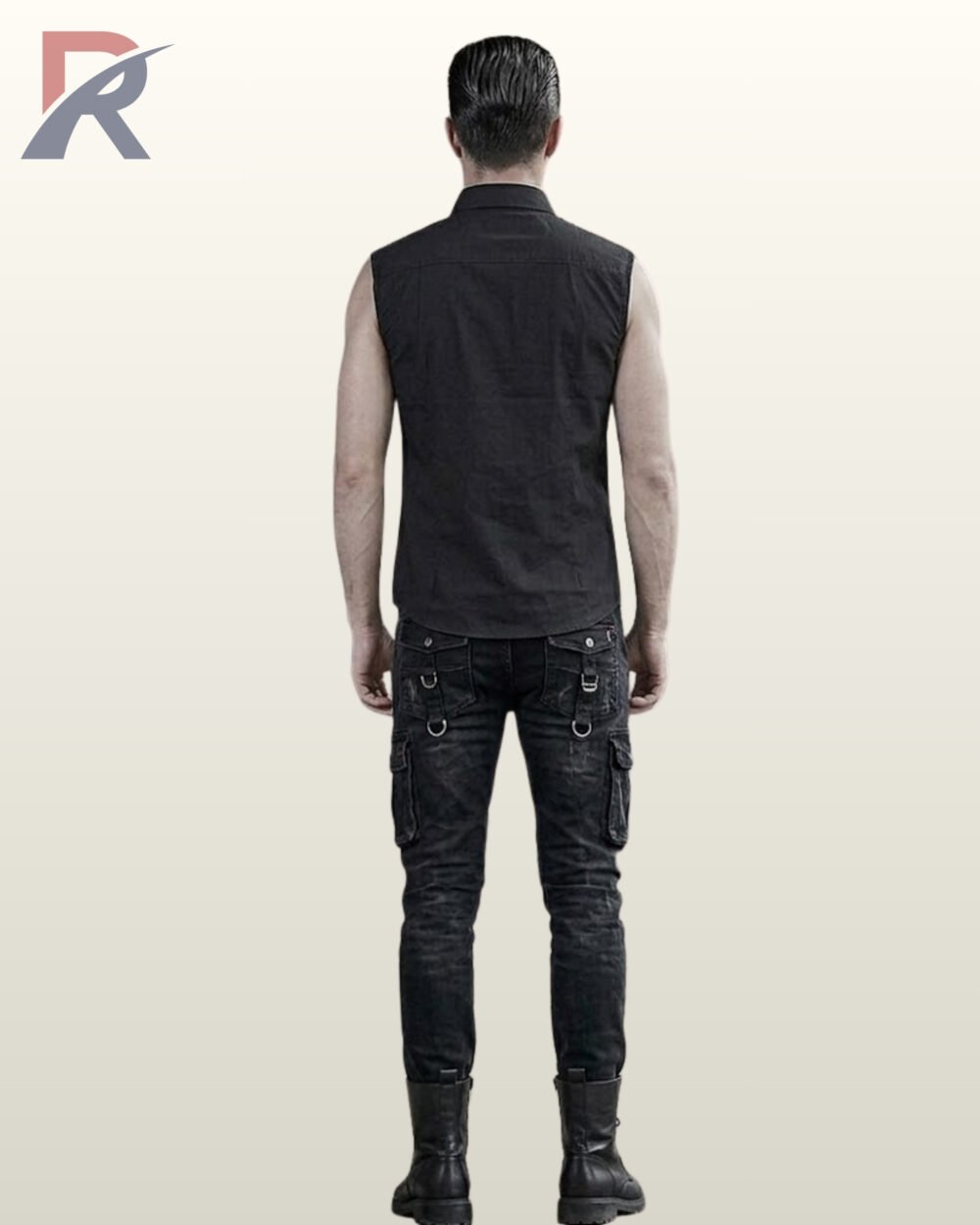 Full rear model view of a men's black sleeveless gothic button-down shirt displaying clean back yoke paneling and dark distressed cargo pants with rear D-rings.