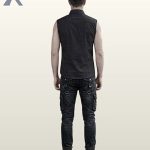 Full rear model view of a men's black sleeveless gothic button-down shirt displaying clean back yoke paneling and dark distressed cargo pants with rear D-rings.