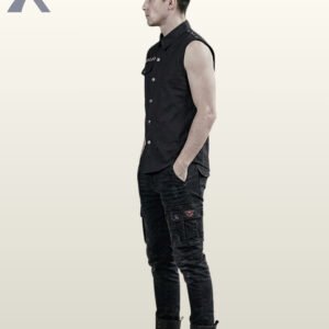 Side profile view of a male model wearing a black sleeveless gothic button-down shirt with metallic shoulder rivets, paired with distressed black cargo pants and leather boots.