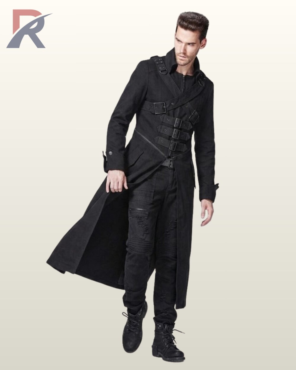 Three-quarter walking model view of a men's black gothic long coat showing flowing skirt panels, shoulder strap details, and front buckle chest straps.