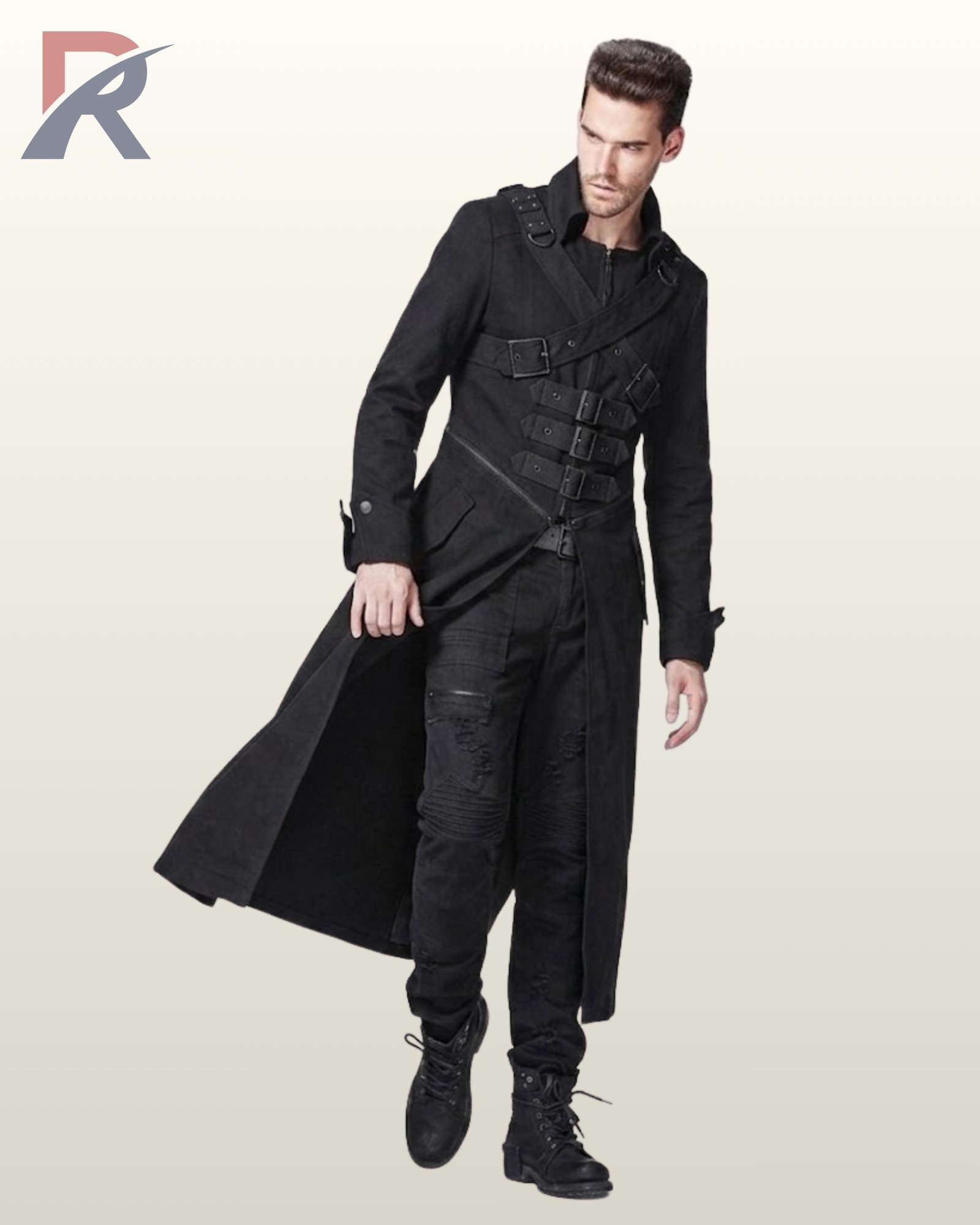 Three-quarter walking model view of a men's black gothic long coat showing flowing skirt panels, shoulder strap details, and front buckle chest straps.