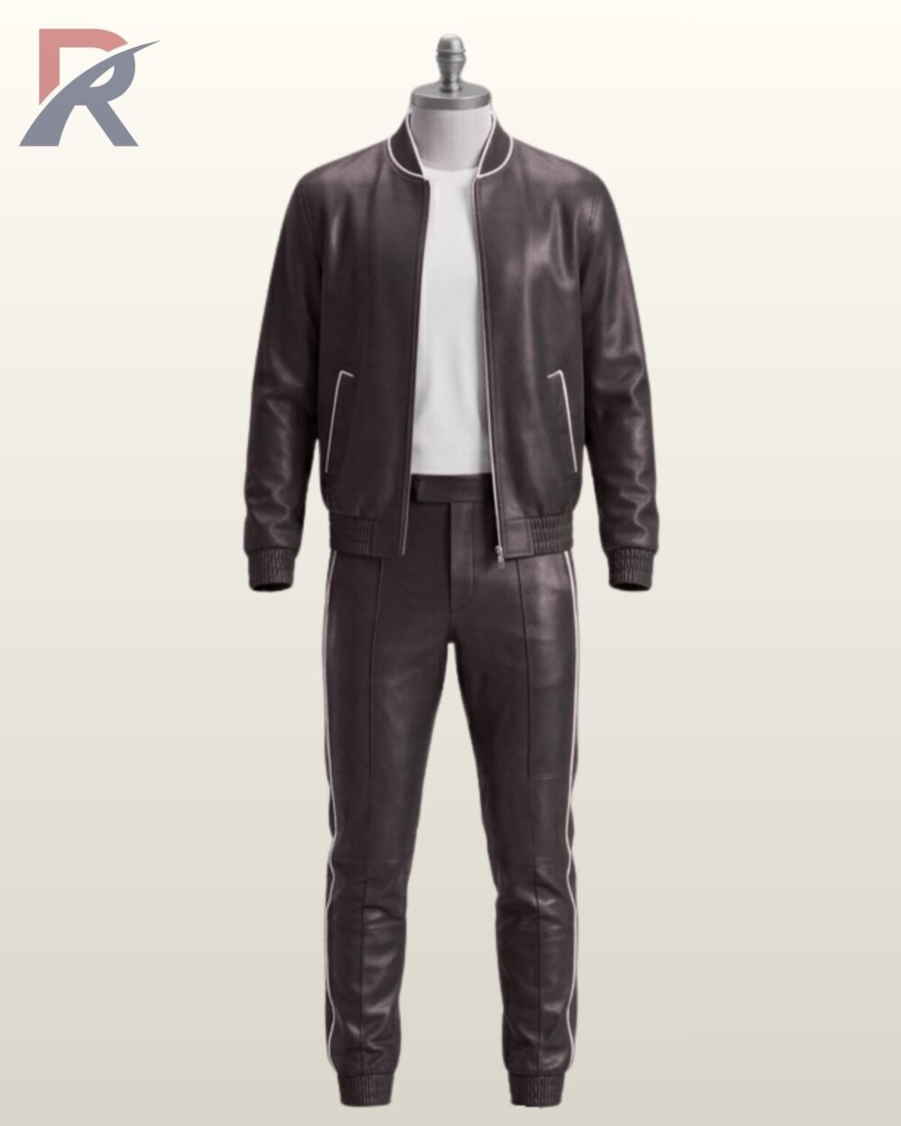 Classic black leather 2-piece tracksuit set featuring a sleek bomber jacket and matching side-striped trousers.