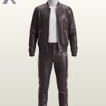 Classic black leather 2-piece tracksuit set featuring a sleek bomber jacket and matching side-striped trousers.