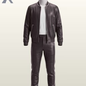 Classic black leather 2-piece tracksuit set featuring a sleek bomber jacket and matching side-striped trousers.