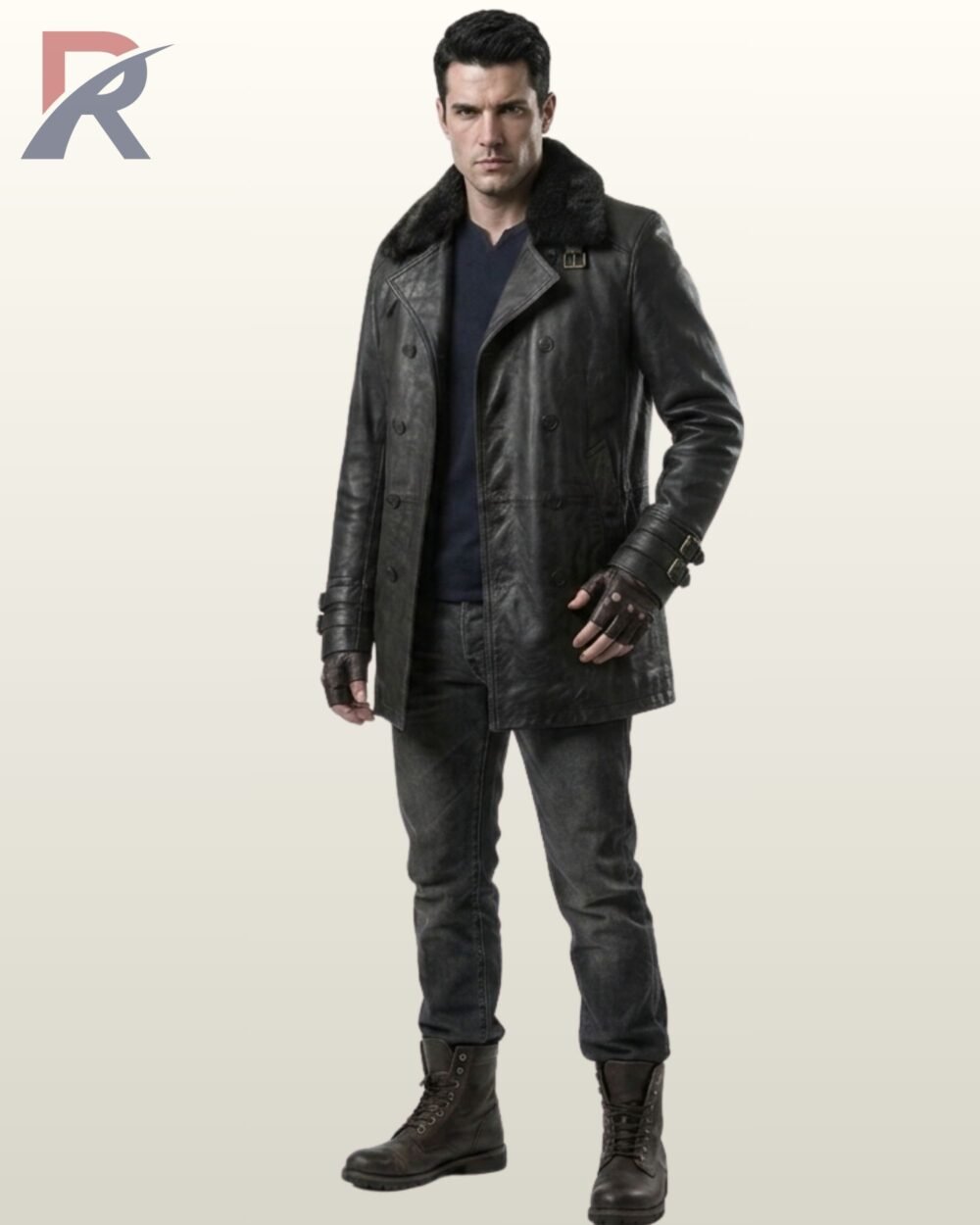mens-black-leather-double-breasted-peacoat.jpg A model wearing a premium vintage black leather car coat featuring a plush dark fur collar and button closures.
