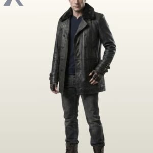 A model wearing a premium vintage black leather car coat featuring a plush dark fur collar and button closures.