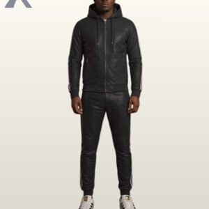 A man modeling a classic black leather hooded tracksuit with subtle white side stripes.