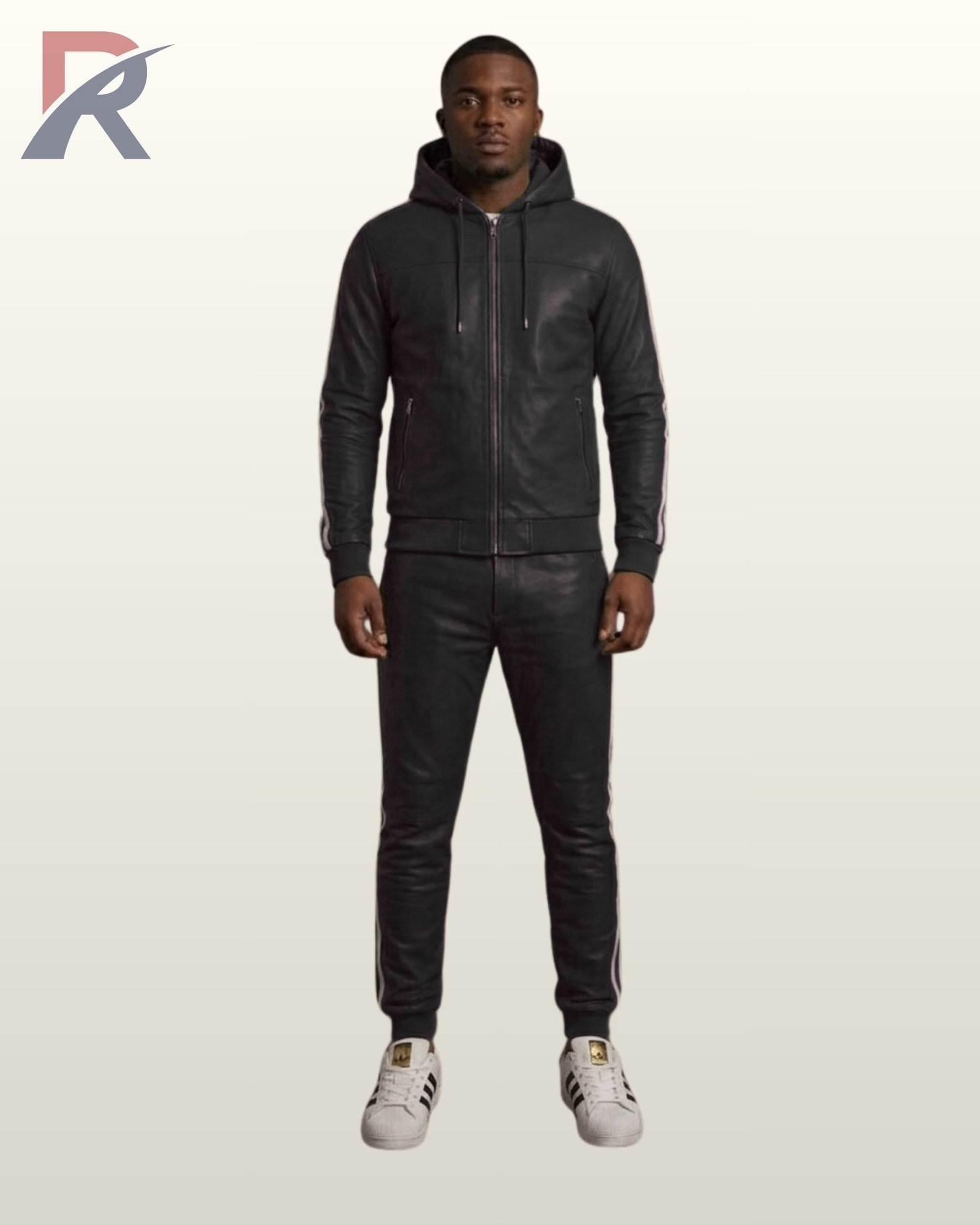 A man modeling a classic black leather hooded tracksuit with subtle white side stripes.