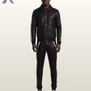 Genuine Lambskin Leather Tracksuit Set, Shirt Collar Jacket & Joggers