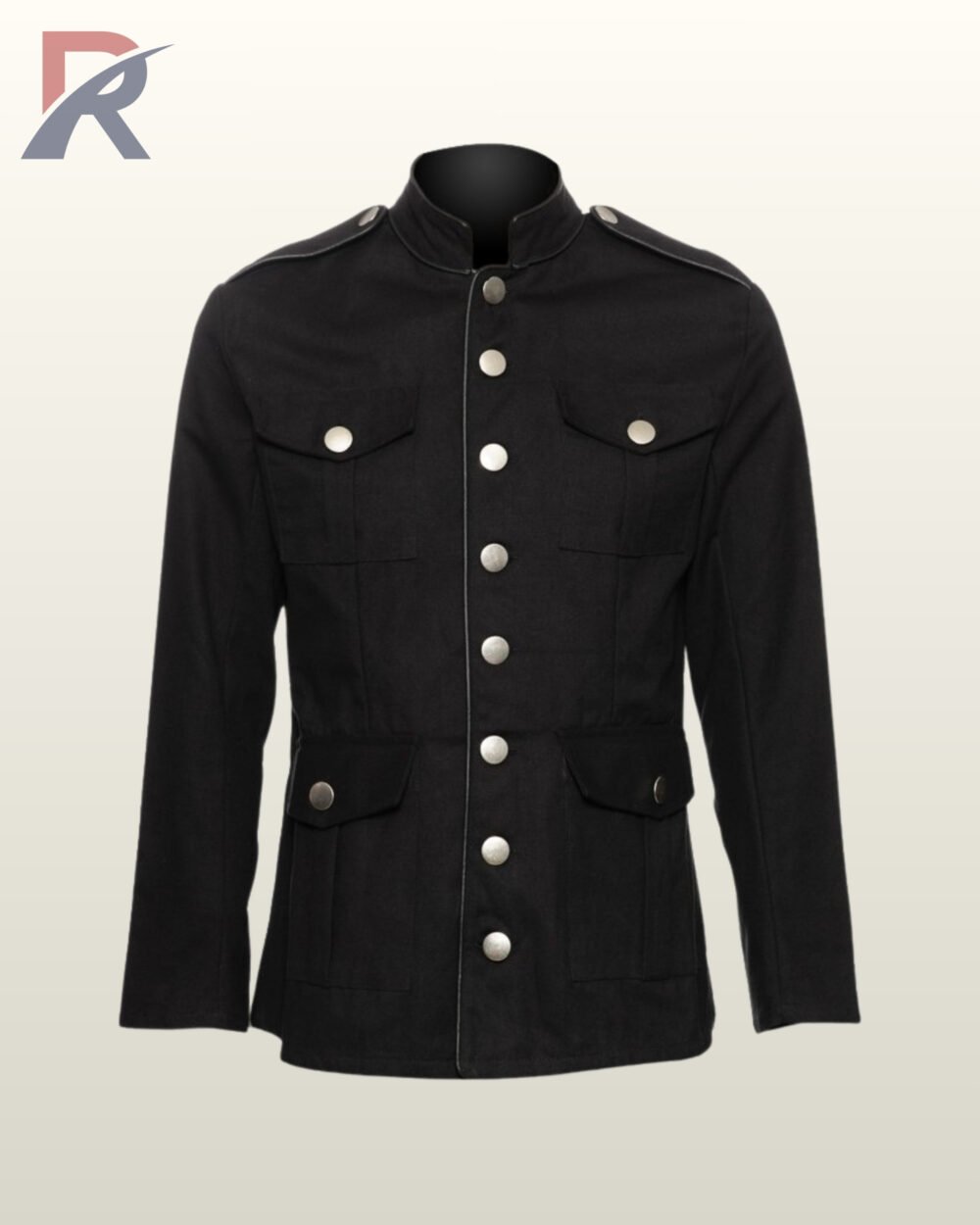 Flat catalog display of a men's black victorian field tunic with standing mandarin collar, silver piped center placket, and chest cargo pockets.