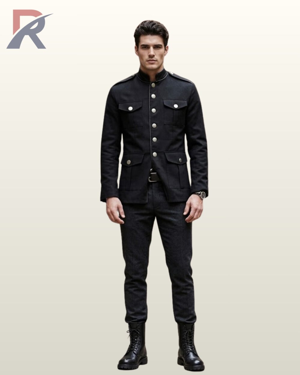 Full front model view of a men's black cotton military field officer jacket styled with single-breasted silver buttons, shoulder epaulets, and four flap pockets.