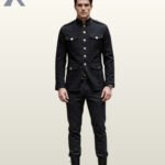 Full front model view of a men's black cotton military field officer jacket styled with single-breasted silver buttons, shoulder epaulets, and four flap pockets.