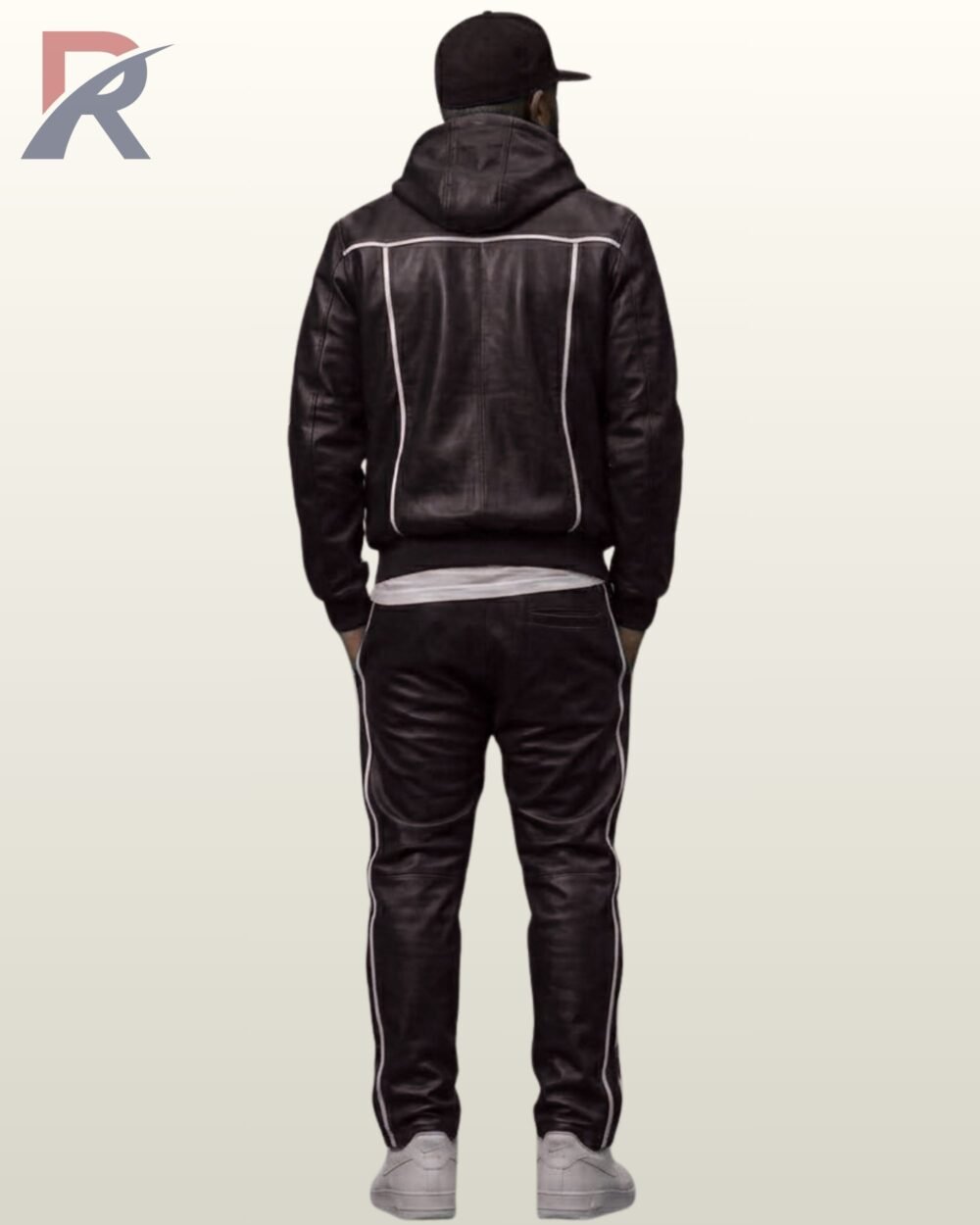 Men's urban streetwear black leather two-piece hoodie tracksuit with contrasting white line detail.