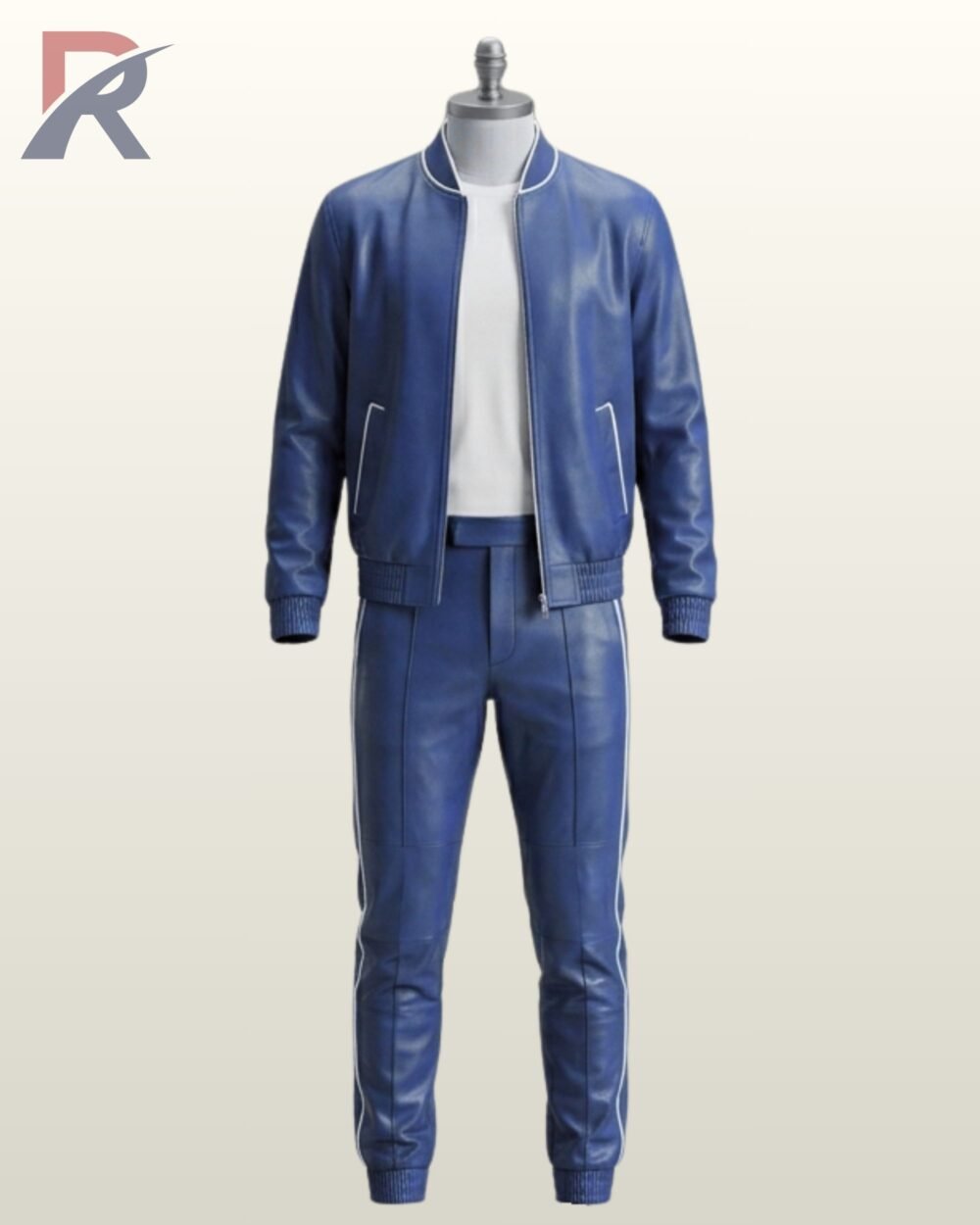 Vibrant royal blue leather 2-piece tracksuit set featuring a zip-front bomber jacket and trousers.