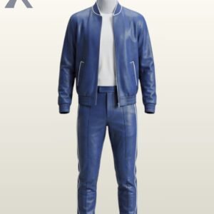 Vibrant royal blue leather 2-piece tracksuit set featuring a zip-front bomber jacket and trousers.