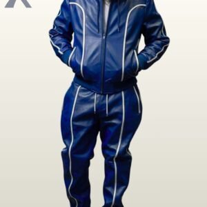 Man wearing a royal blue 2-piece leather tracksuit set with a hooded zip jacket and trousers detailed with white piping.