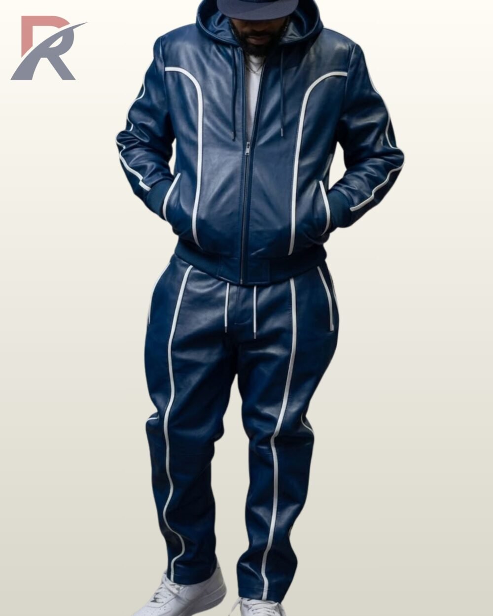 Full-body view of men's royal blue leather hooded tracksuit featuring vertical white accent trim and drawstring waist.