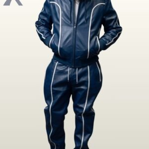 Full-body view of men's royal blue leather hooded tracksuit featuring vertical white accent trim and drawstring waist.